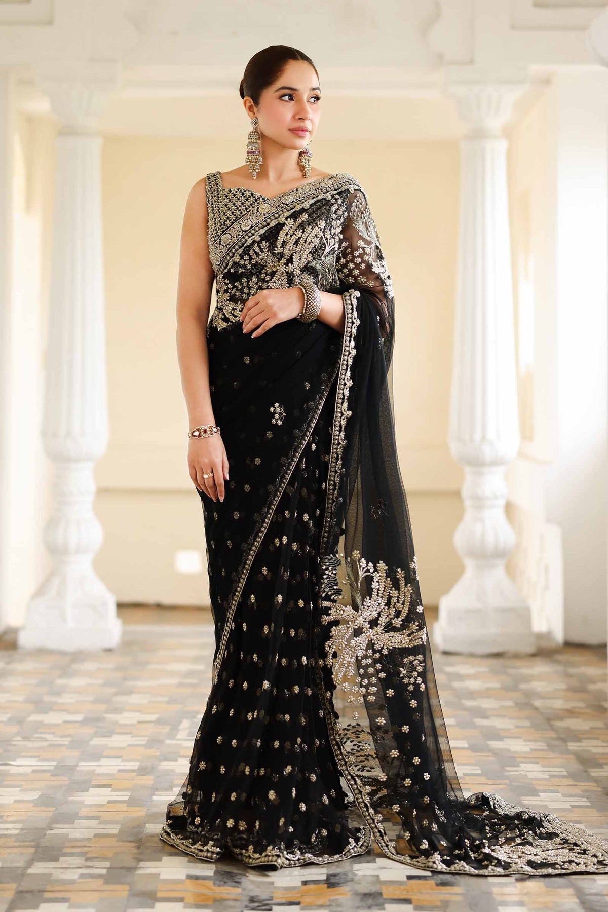 Pakistani Black Gotta Embroidered Poly Net Saree (3-Piece) - Image 1