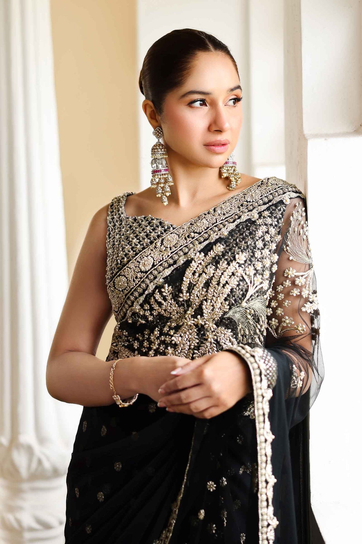 Pakistani Black Gotta Embroidered Poly Net Saree (3-Piece) - Image 2