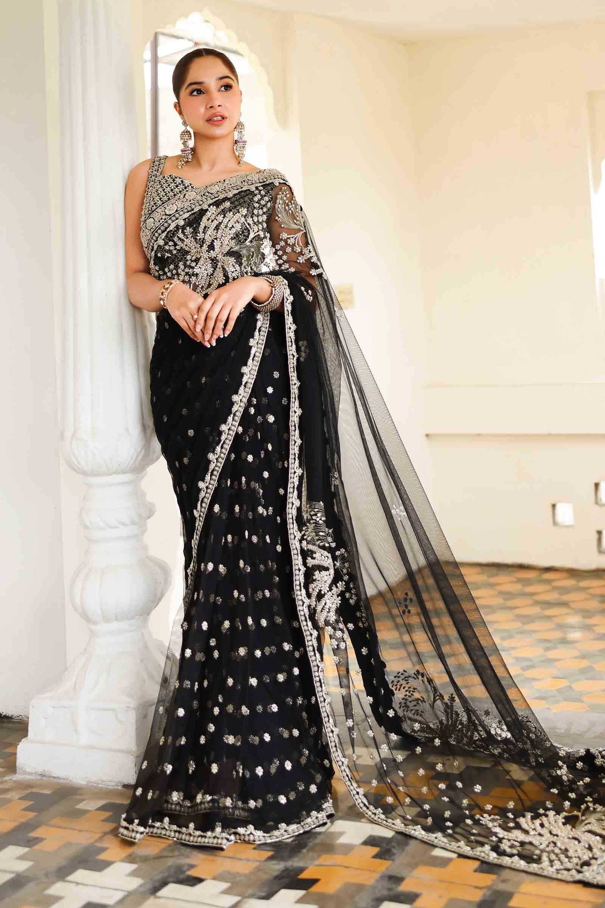 Pakistani Black Gotta Embroidered Poly Net Saree (3-Piece) - Image 3