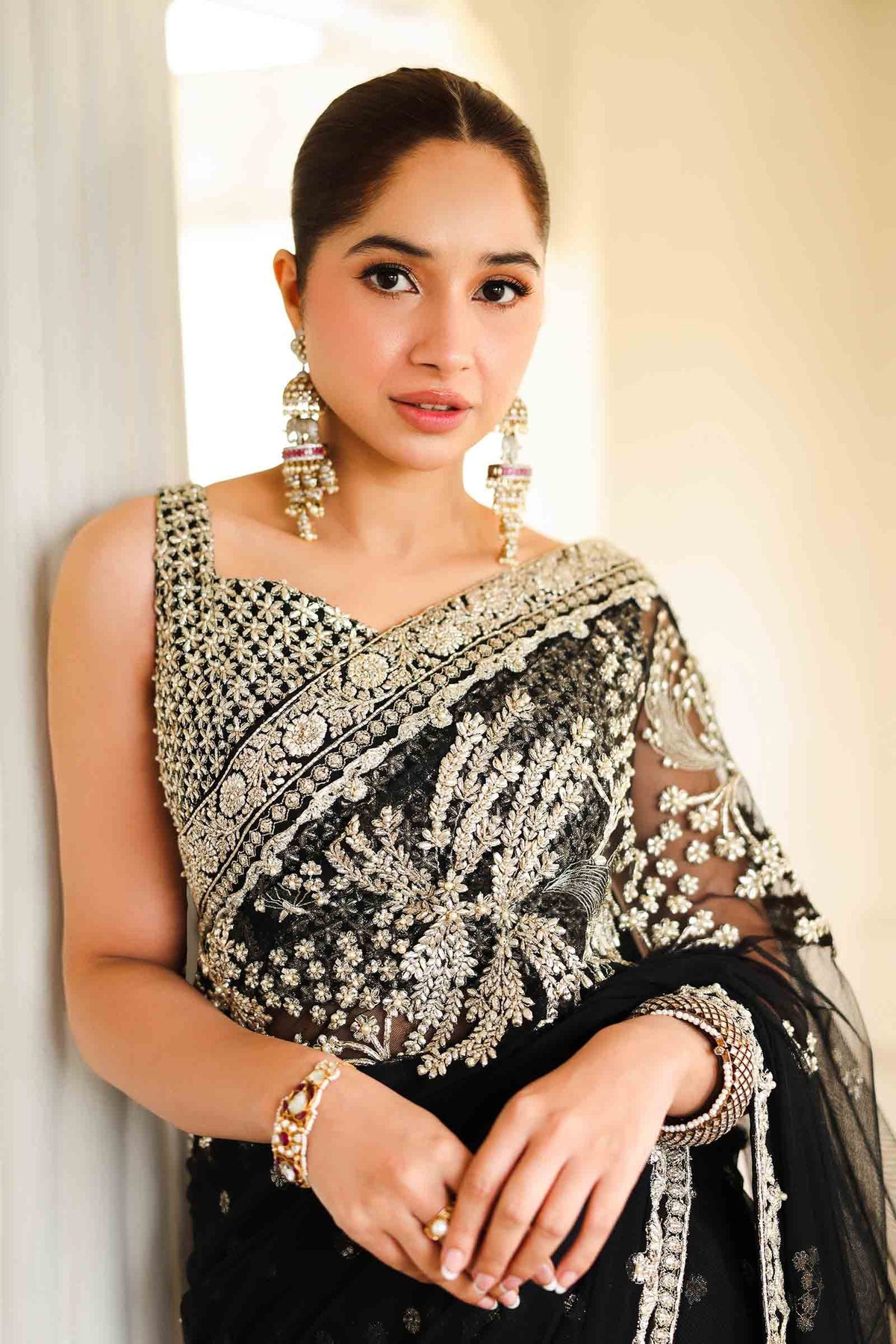 Pakistani Black Gotta Embroidered Poly Net Saree (3-Piece) - Image 4