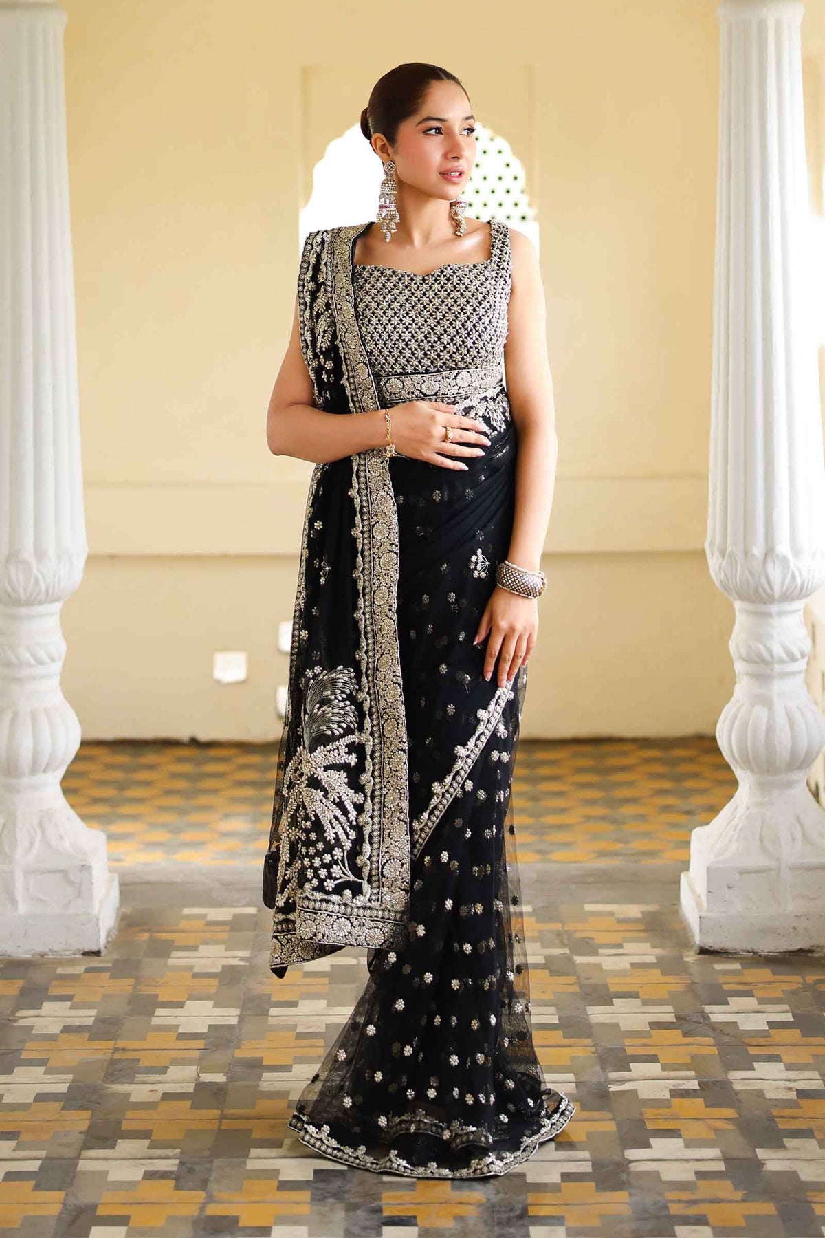 Pakistani Black Gotta Embroidered Poly Net Saree (3-Piece) - Image 5