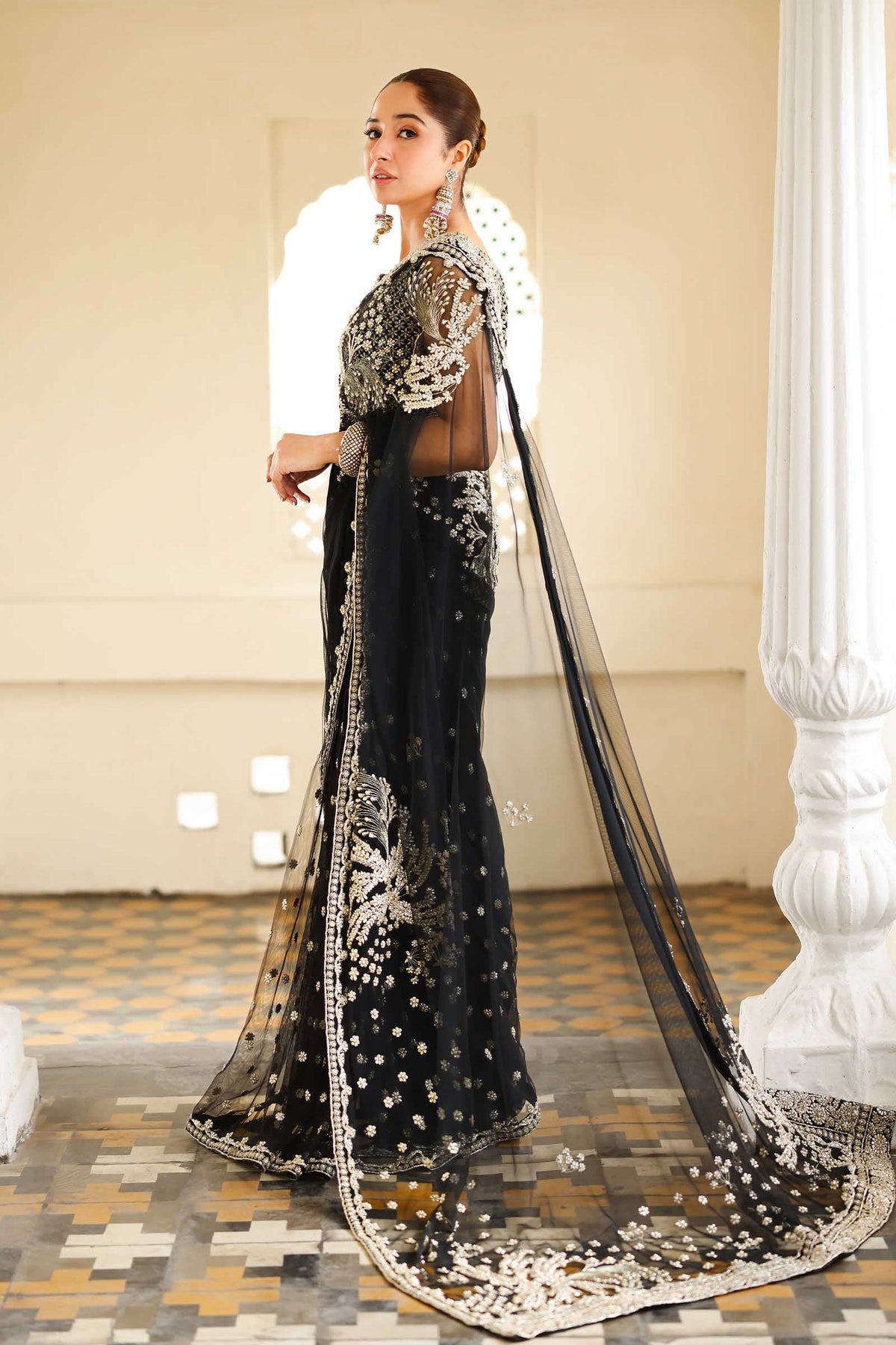 Pakistani Black Gotta Embroidered Poly Net Saree (3-Piece) - Image 7