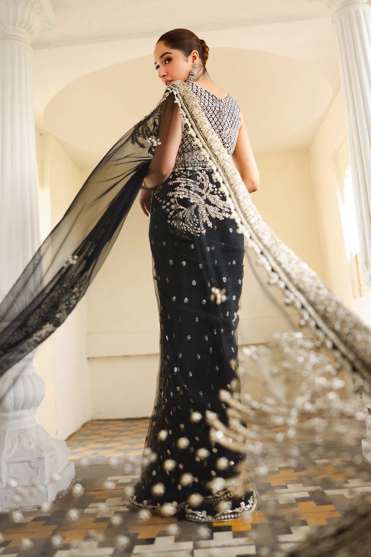 Pakistani Black Gotta Embroidered Poly Net Saree (3-Piece) - Image 8