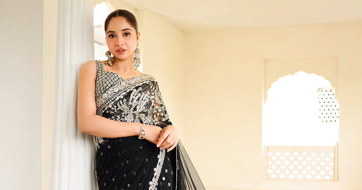 Pakistani Black Gotta Embroidered Poly Net Saree (3-Piece) - Image 9