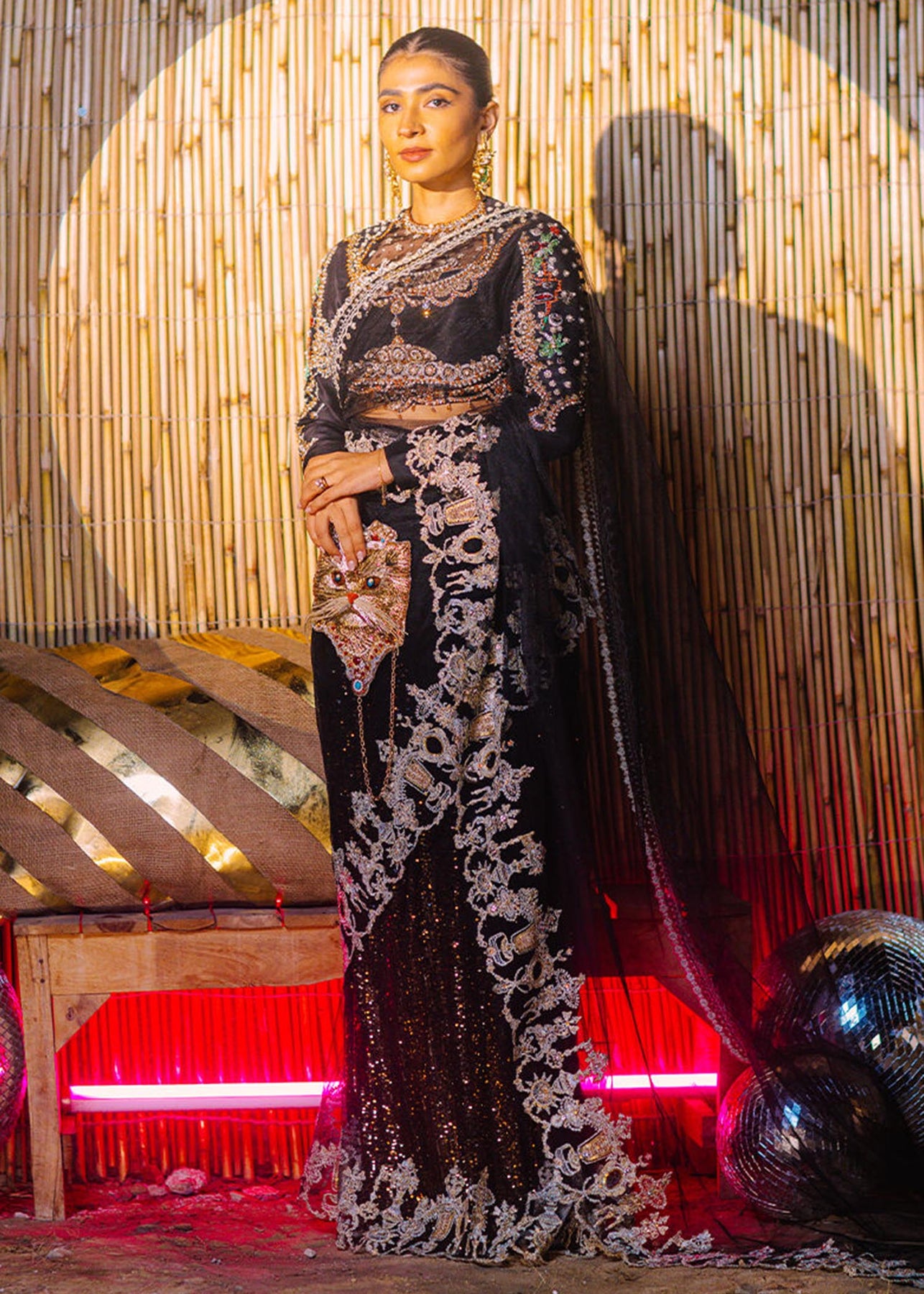 Pakistani Black Adda Work Net & Raw Silk Saree (3-Piece) - Image 2