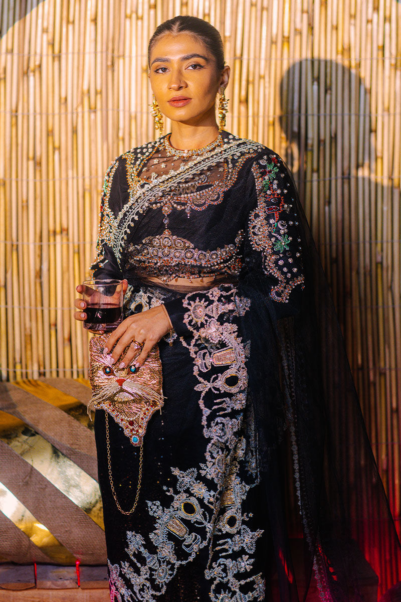 Pakistani Black Adda Work Net & Raw Silk Saree (3-Piece) - Image 3