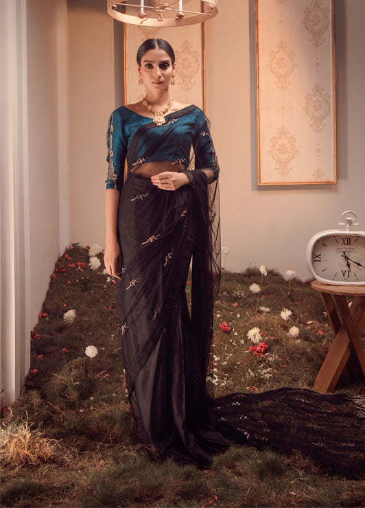 Teal & Black Embellished Raw Silk Saree (2-Piece) - Image 1