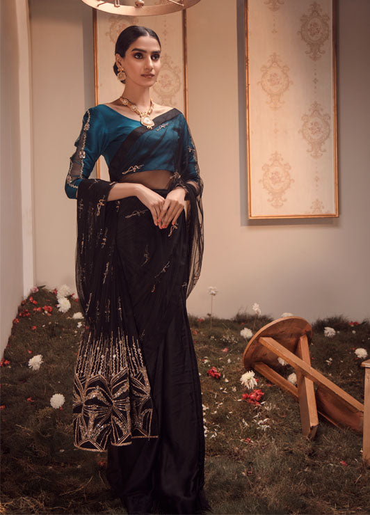 Teal & Black Embellished Raw Silk Saree (2-Piece) - Image 2