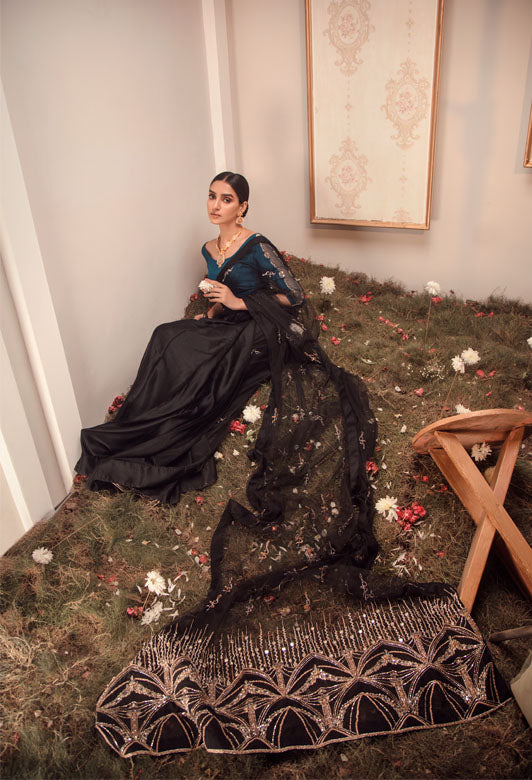 Teal & Black Embellished Raw Silk Saree (2-Piece) - Image 4