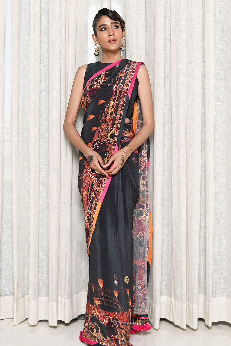 Black Embellished Pure Raw Silk Saree (3-Piece) - Image 1