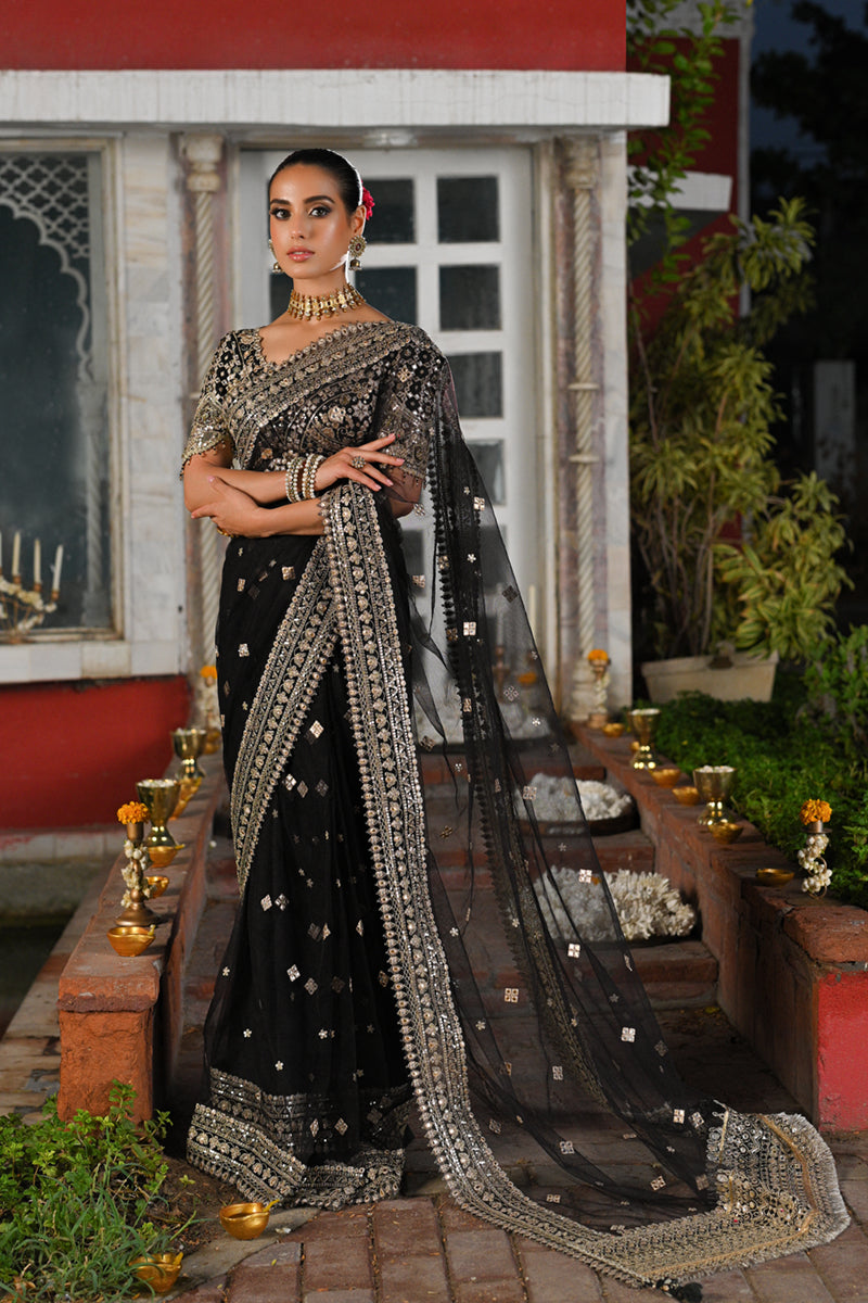 Black Handcrafted Gotta Embroidered Raw Silk & Net Saree (2-Piece) - Image 1