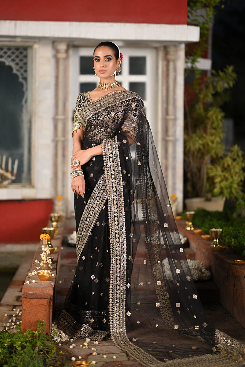 Black Handcrafted Gotta Embroidered Raw Silk & Net Saree (2-Piece) - Image 4