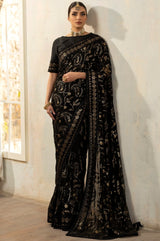 Black Embroidered Chiffon Saree with Raw Silk Blouse (2-Piece) - Image 1