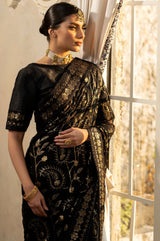 Black Embroidered Chiffon Saree with Raw Silk Blouse (2-Piece) - Image 10