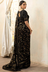 Black Embroidered Chiffon Saree with Raw Silk Blouse (2-Piece) - Image 11