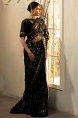 Black Embroidered Chiffon Saree with Raw Silk Blouse (2-Piece) - Image 14