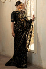 Black Embroidered Chiffon Saree with Raw Silk Blouse (2-Piece) - Image 15