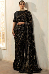 Black Embroidered Chiffon Saree with Raw Silk Blouse (2-Piece) - Image 16