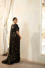 Black Embroidered Chiffon Saree with Raw Silk Blouse (2-Piece) - Image 17