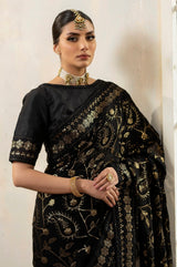 Black Embroidered Chiffon Saree with Raw Silk Blouse (2-Piece) - Image 2