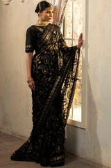Black Embroidered Chiffon Saree with Raw Silk Blouse (2-Piece) - Image 3