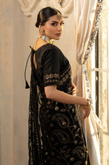 Black Embroidered Chiffon Saree with Raw Silk Blouse (2-Piece) - Image 4