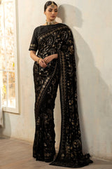 Black Embroidered Chiffon Saree with Raw Silk Blouse (2-Piece) - Image 5