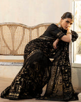 Black Embroidered Chiffon Saree with Raw Silk Blouse (2-Piece) - Image 6