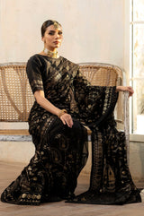 Black Embroidered Chiffon Saree with Raw Silk Blouse (2-Piece) - Image 7