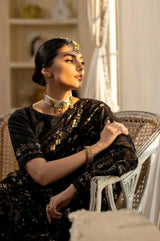Black Embroidered Chiffon Saree with Raw Silk Blouse (2-Piece) - Image 8