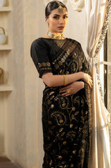 Black Embroidered Chiffon Saree with Raw Silk Blouse (2-Piece) - Image 9
