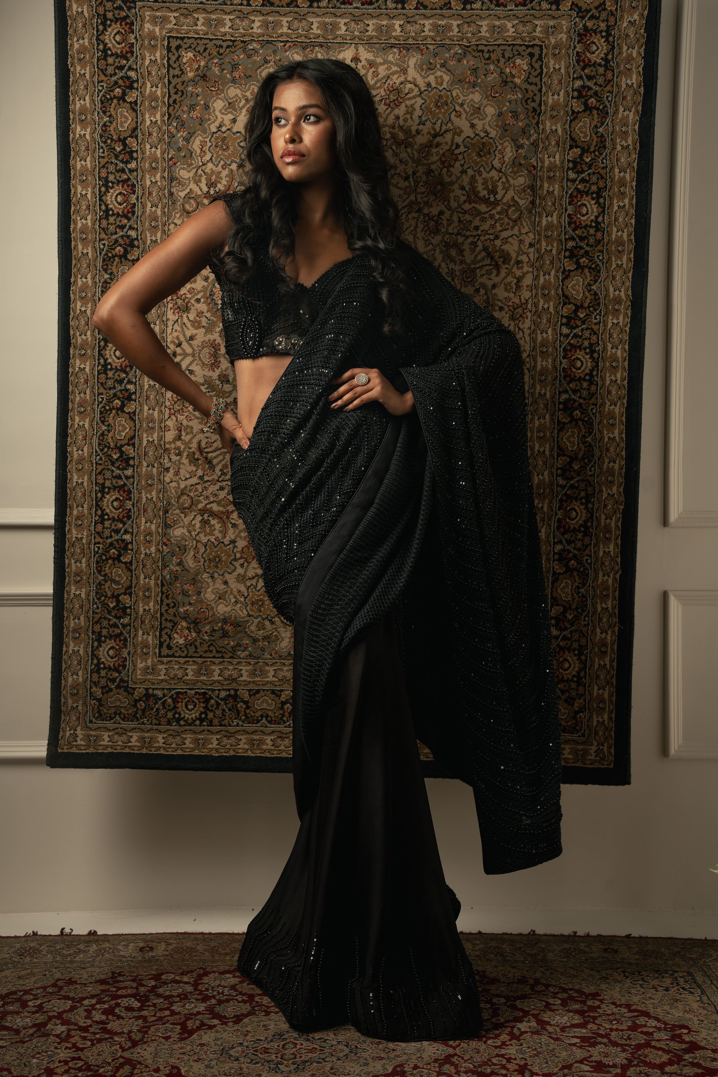 Black Hand-Embroidered Satin & Net Saree (2-Piece) - Image 1