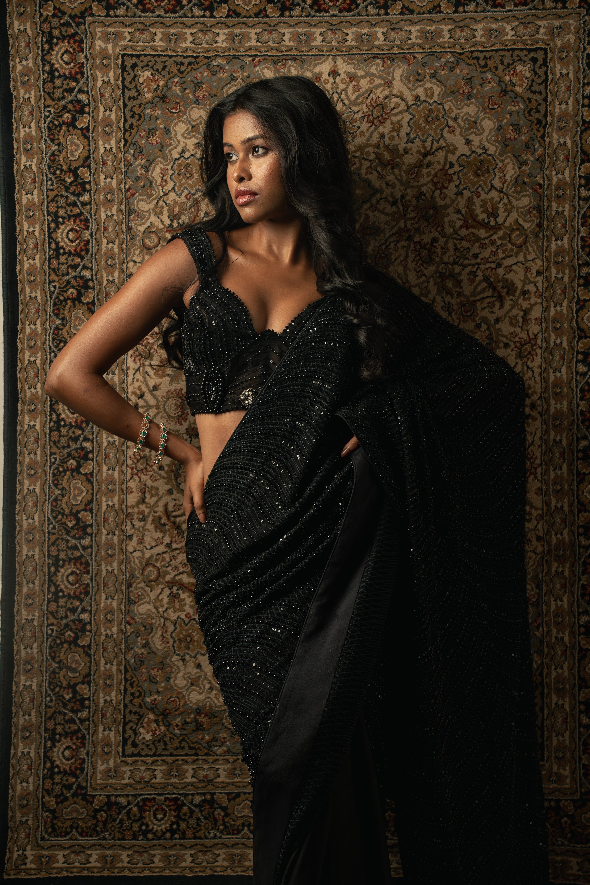 Black Hand-Embroidered Satin & Net Saree (2-Piece) - Image 2