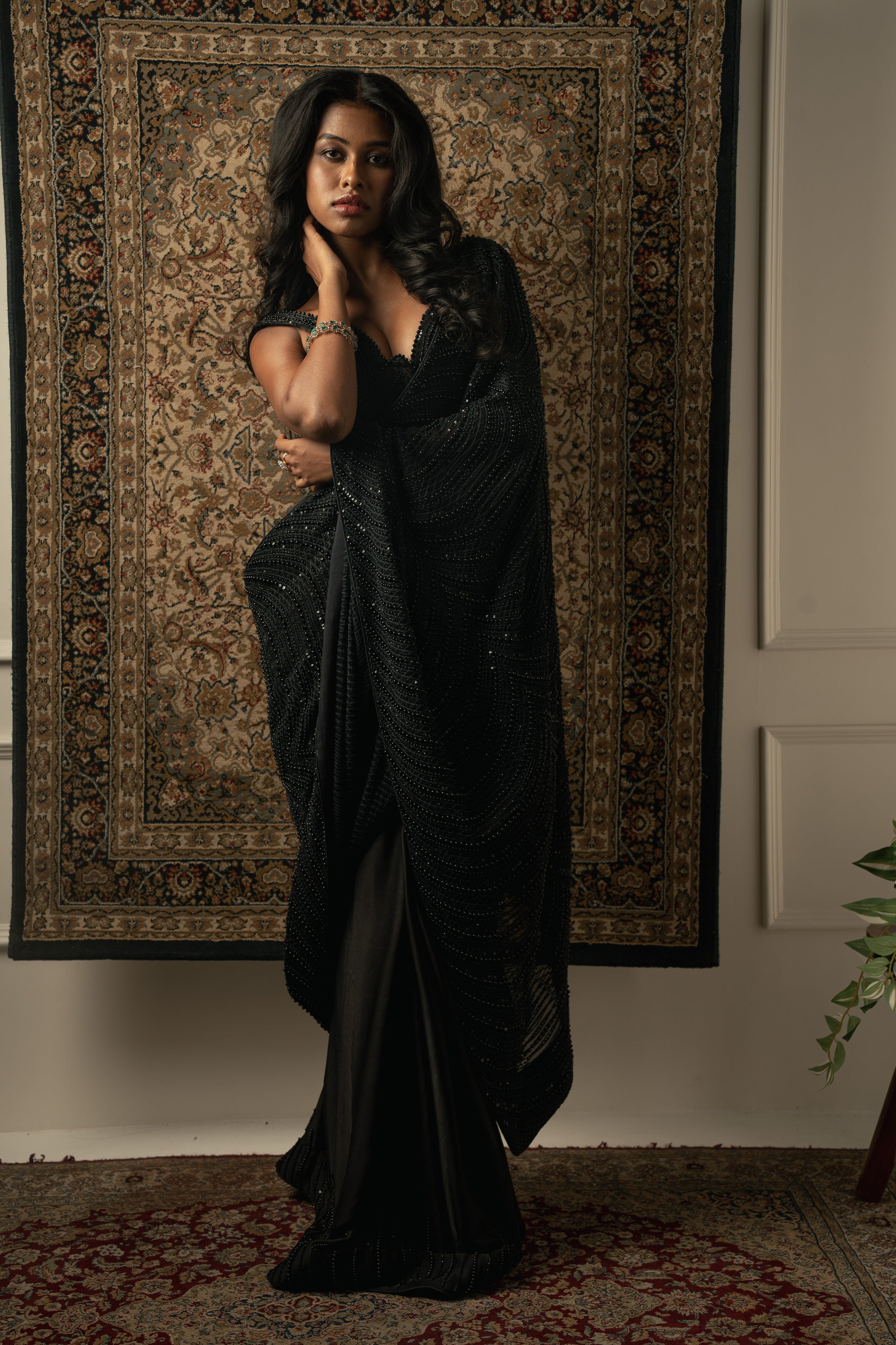 Black Hand-Embroidered Satin & Net Saree (2-Piece) - Image 3