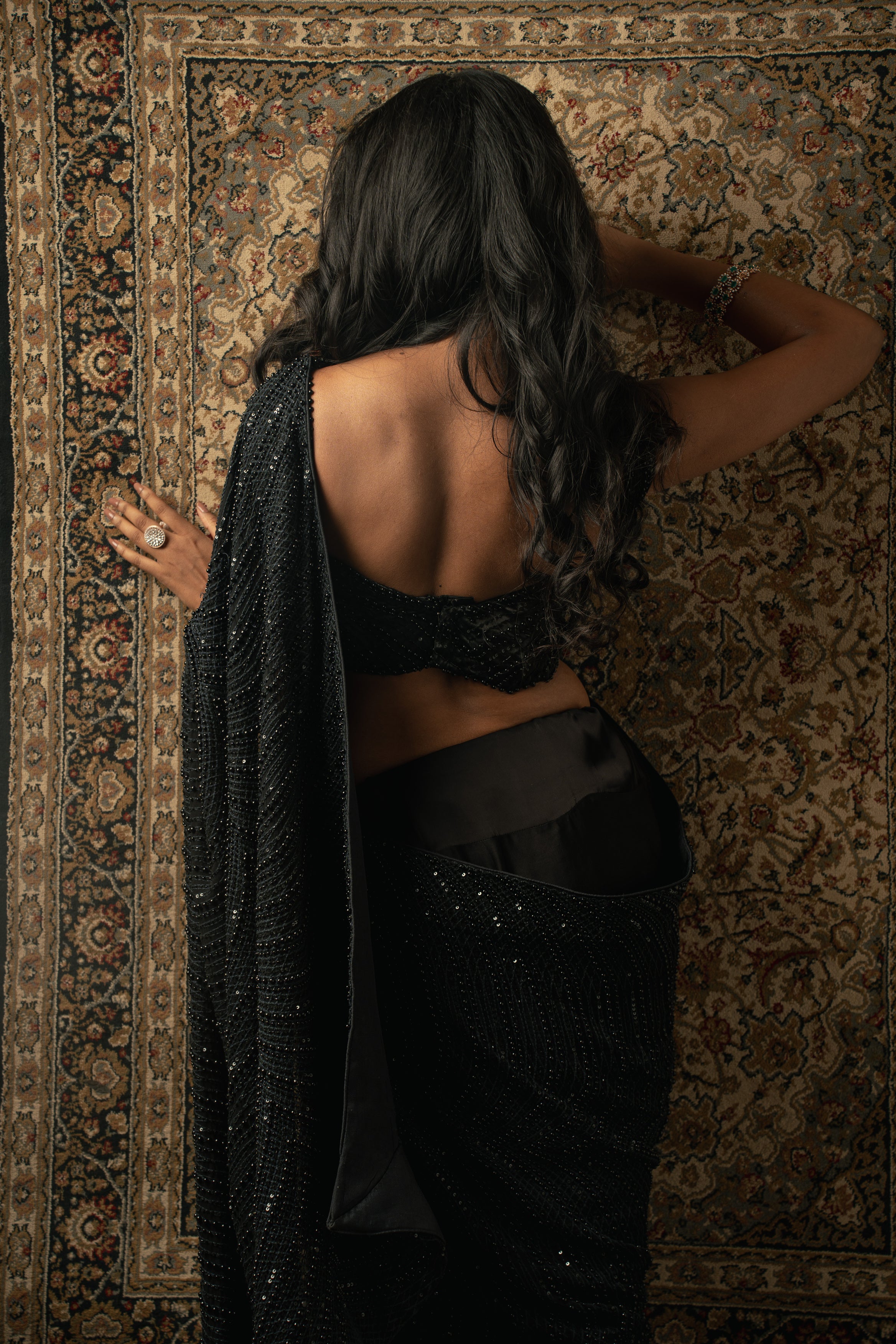 Black Hand-Embroidered Satin & Net Saree (2-Piece) - Image 4