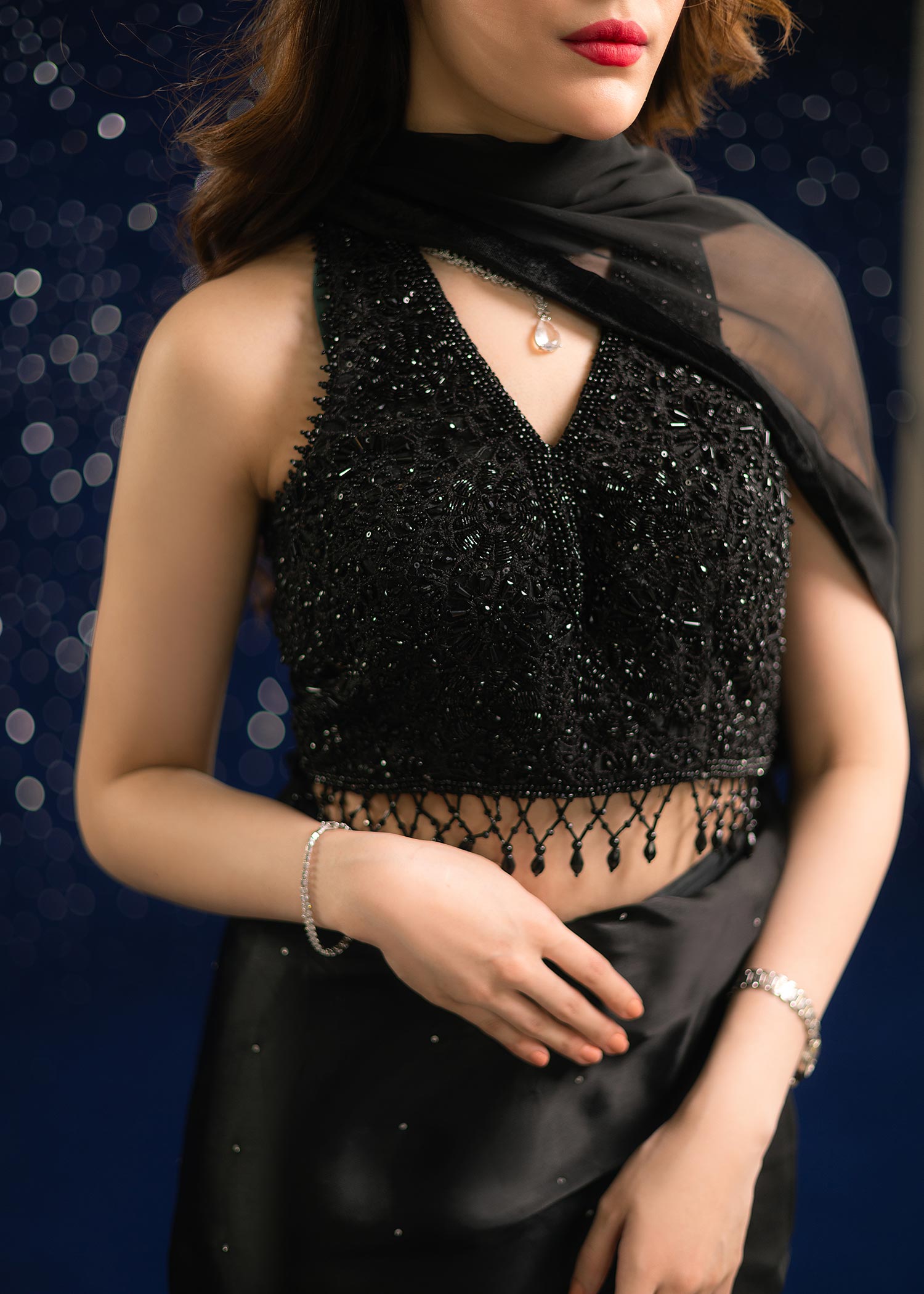 Indian Black Embellished Shamoz Silk Saree (2-Piece) - Image 4