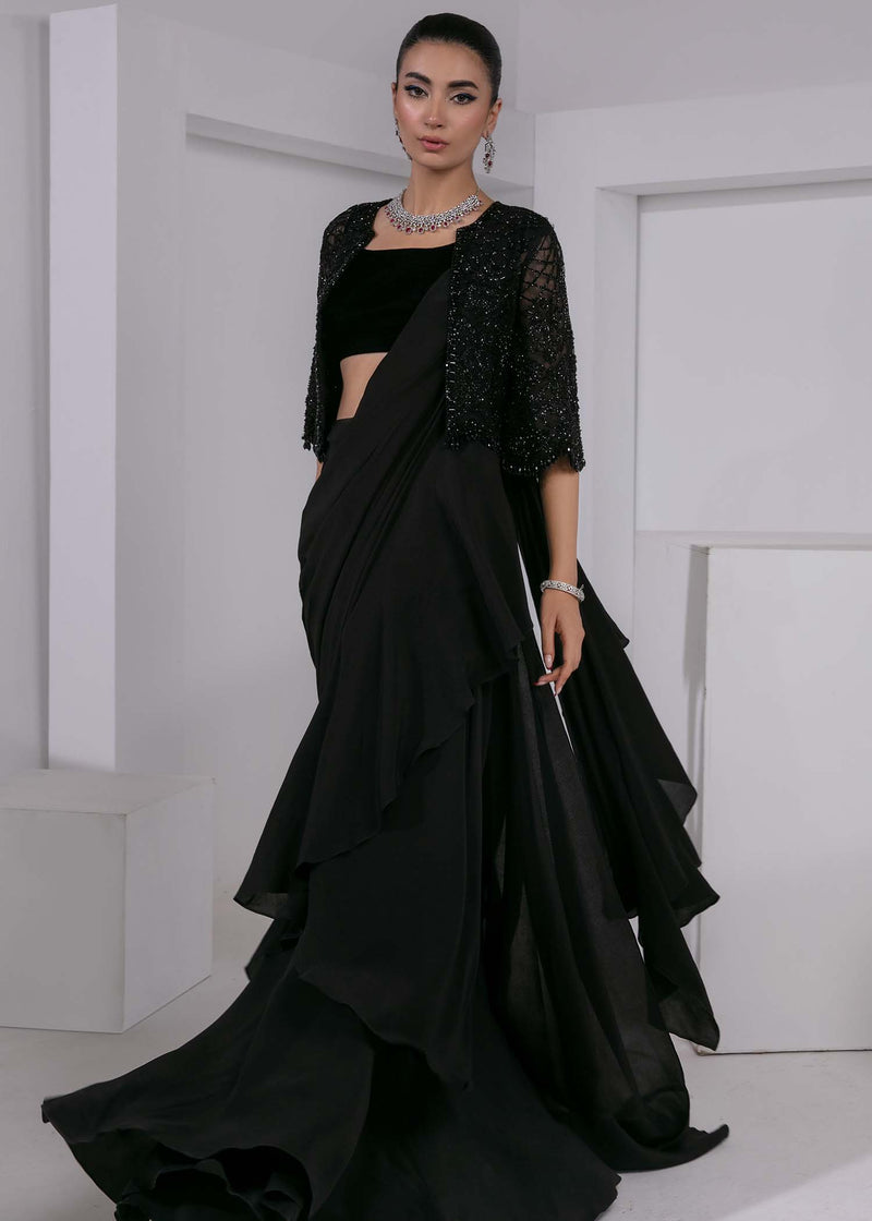 Pakistani Black Beaded Silk Saree with Net Jacket (3-Piece) - Image 1