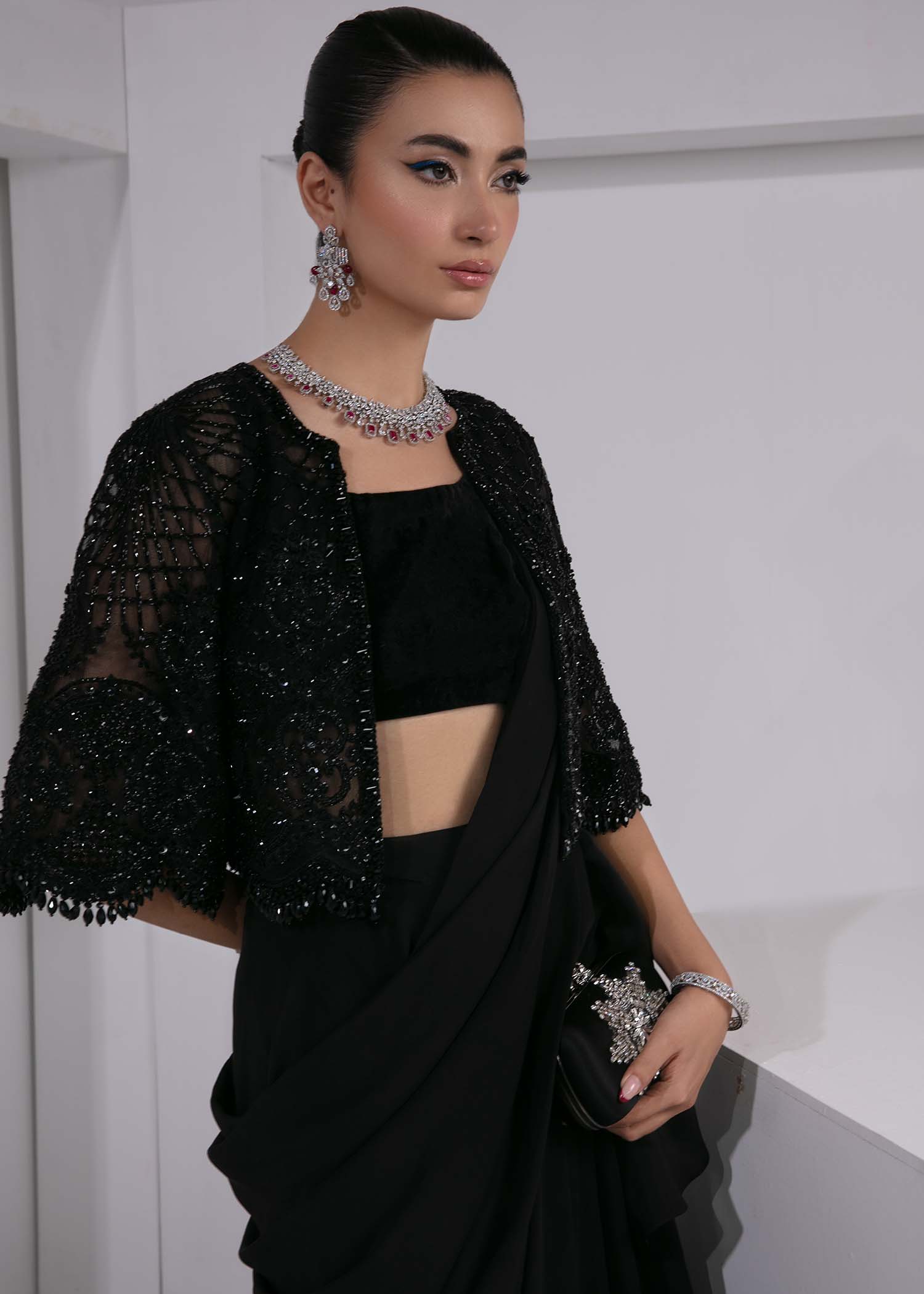 Pakistani Black Beaded Silk Saree with Net Jacket (3-Piece) - Image 3