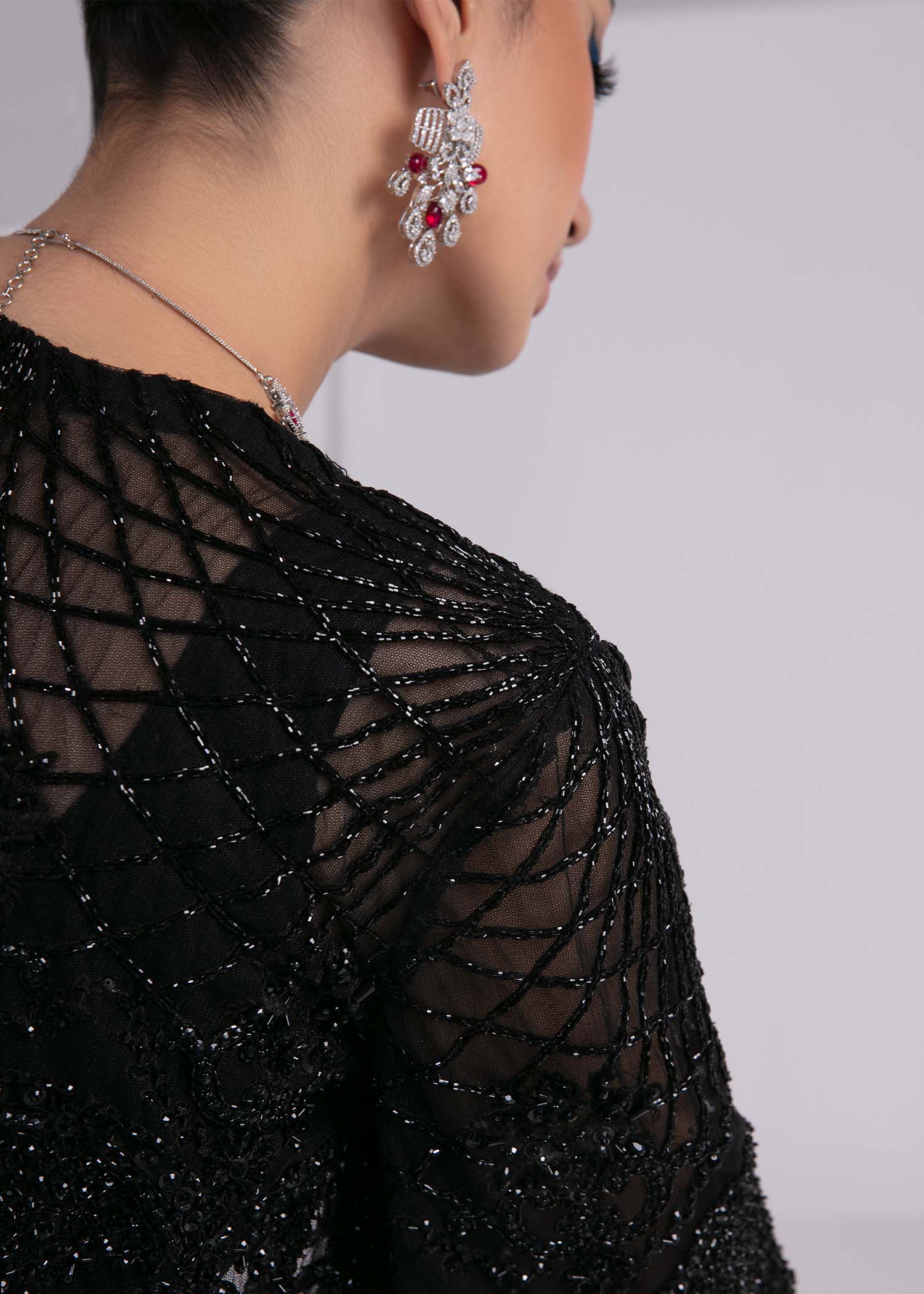 Pakistani Black Beaded Silk Saree with Net Jacket (3-Piece) - Image 7