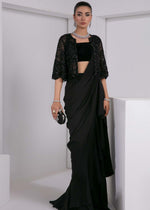 Black Beaded Silk Saree with Net Jacket (3-Piece) - Image 4
