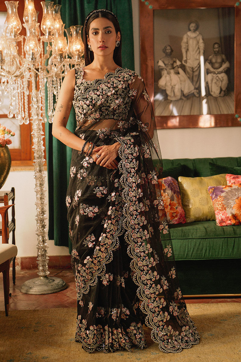 Black Embroidered Silk Saree (2-Piece) - Image 1
