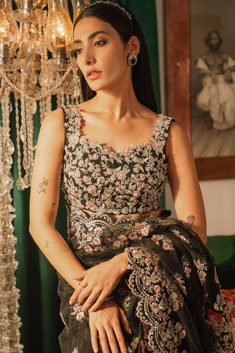 Black Embroidered Silk Saree (2-Piece) - Image 8