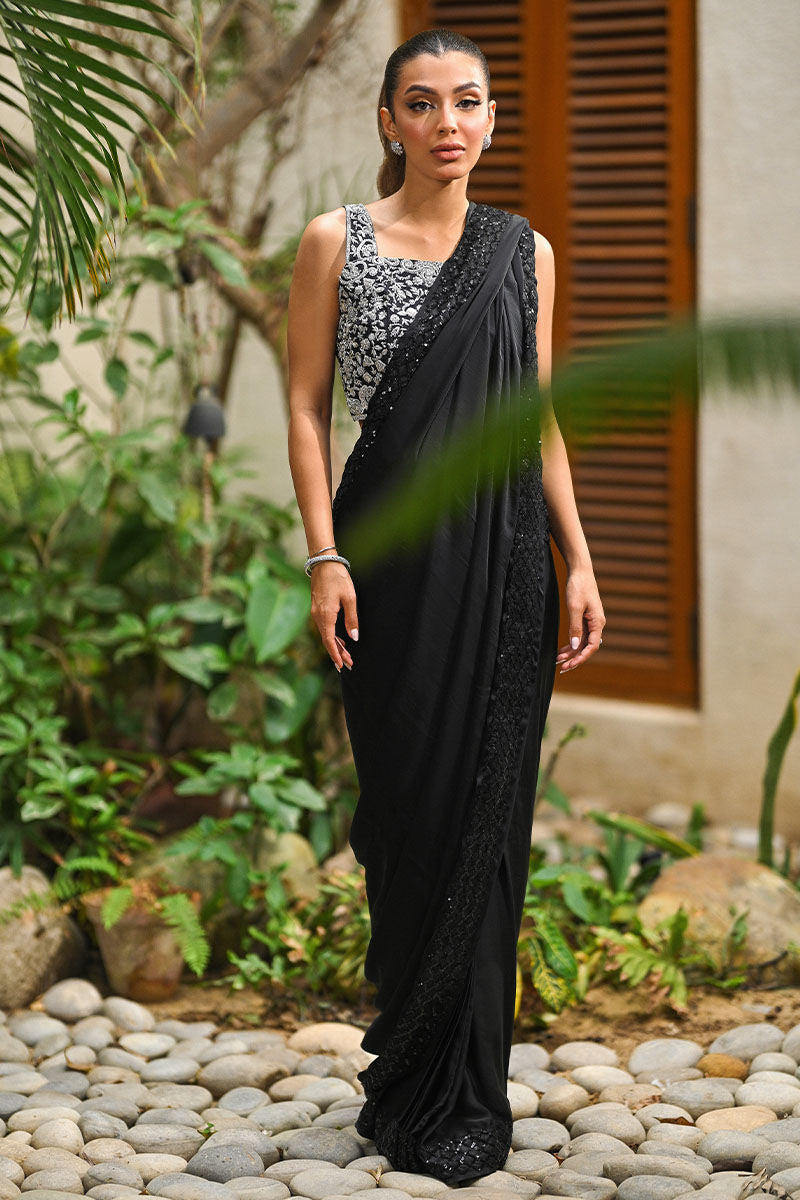 Black Embroidered Silk Saree with Swarovski Jacket (3-Piece) - Image 1