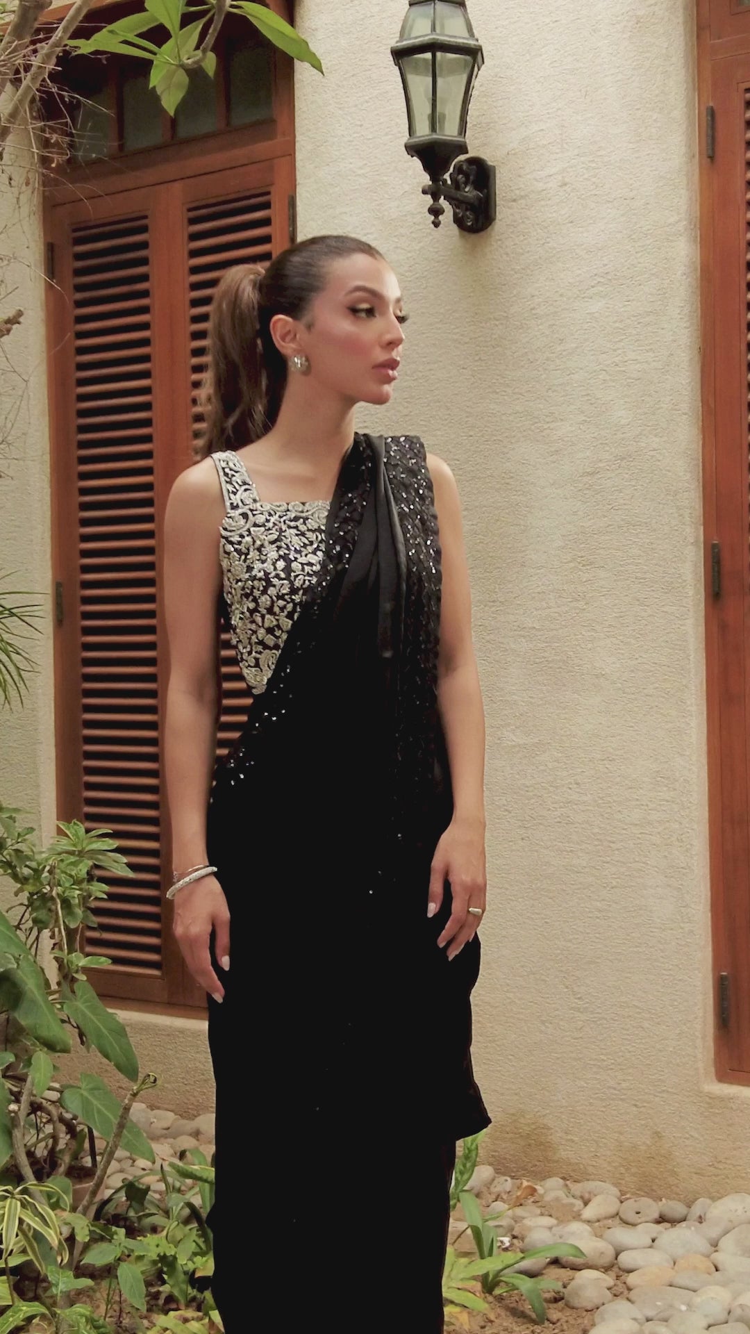 Black Embroidered Silk Saree with Swarovski Jacket (3-Piece) - Image 13