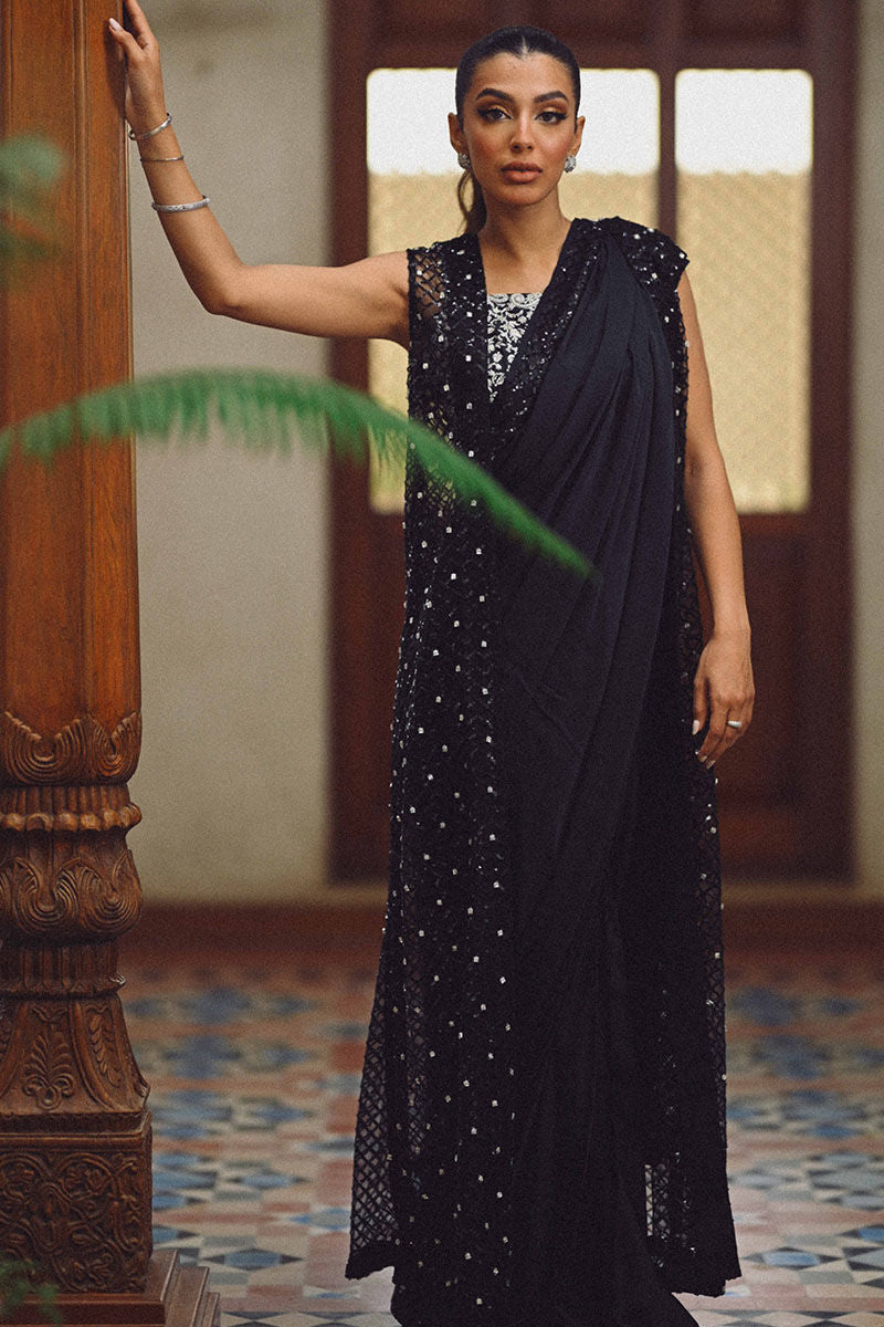Black Embroidered Silk Saree with Swarovski Jacket (3-Piece) - Image 3