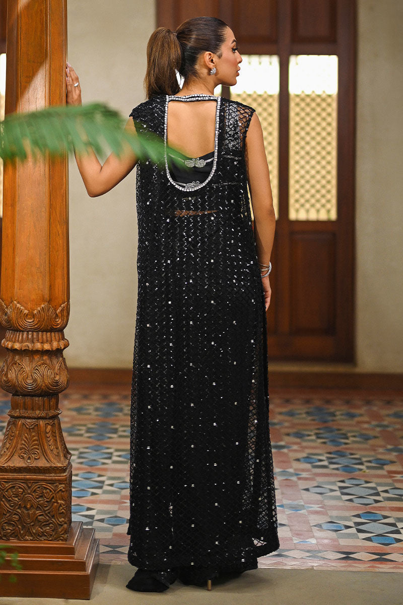 Black Embroidered Silk Saree with Swarovski Jacket (3-Piece) - Image 4