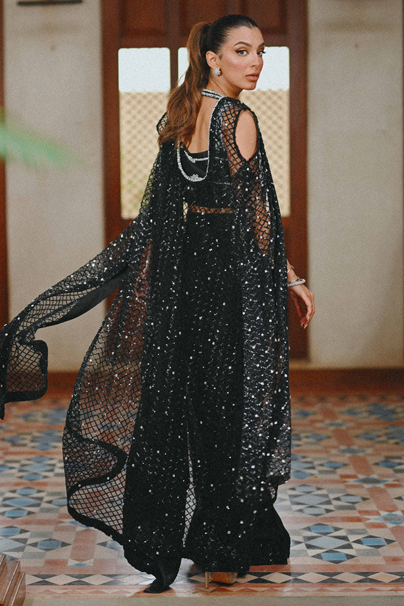 Black Embroidered Silk Saree with Swarovski Jacket (3-Piece) - Image 7