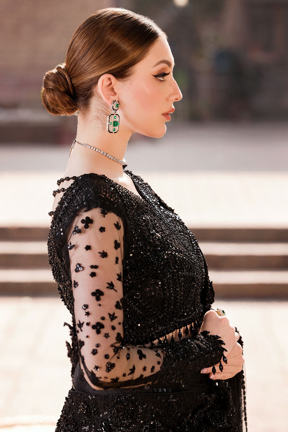 Pakistani Black Hand-Embellished Silk Net Saree (2-Piece) - Image 3