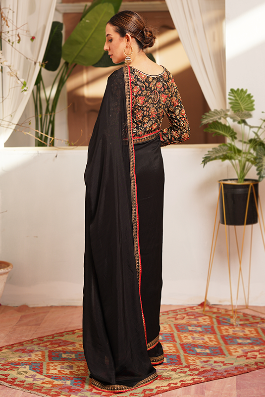 Black Hand-Embroidered Tissue Silk Saree (3-Piece) - Image 1