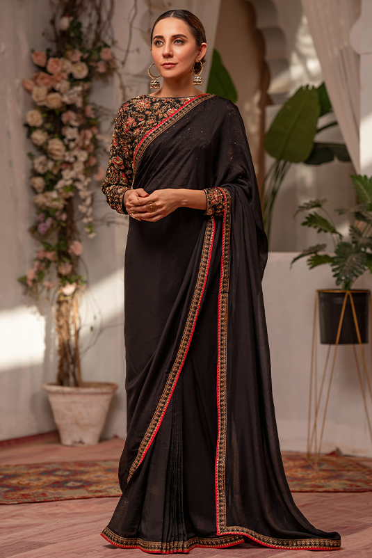 Black Hand-Embroidered Tissue Silk Saree (3-Piece) - Image 2